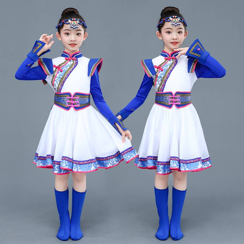 Children's Mongolian dance grassland little steed dance clothing girl white auspicious Mongolian service chopsticks dance white horse dance