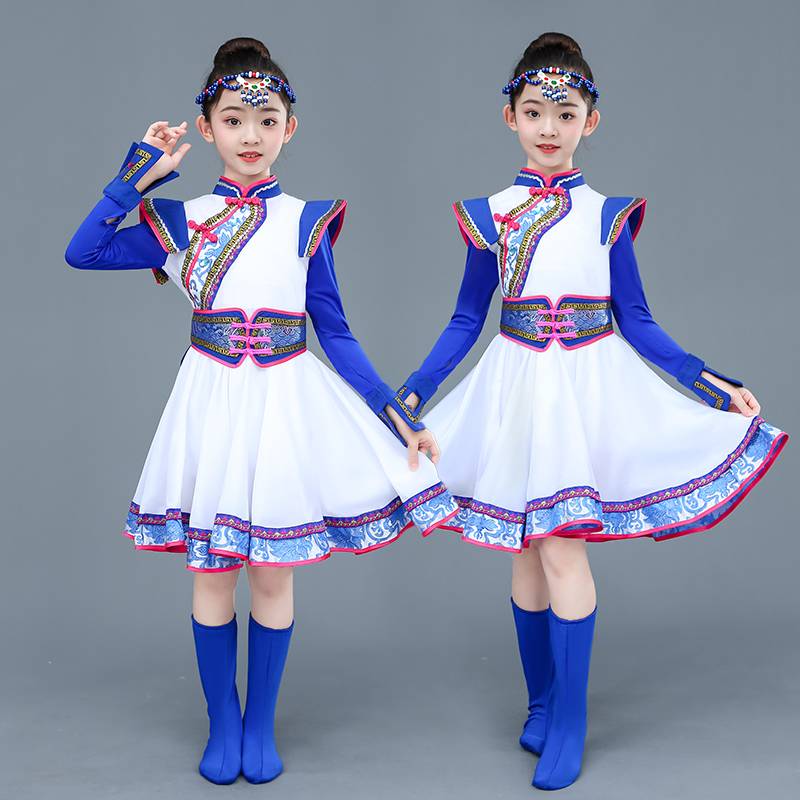 Children's Mongolian dance grassland little steed dance clothing girl white auspicious Mongolian service chopsticks dance white horse dance