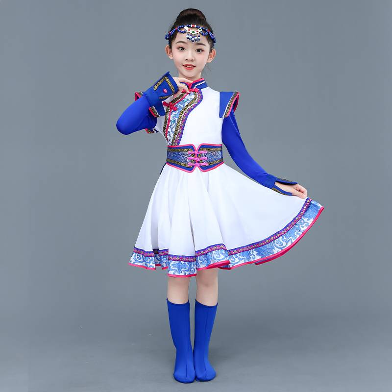 Children's Mongolian dance grassland little steed dance clothing girl white auspicious Mongolian service chopsticks dance white horse dance