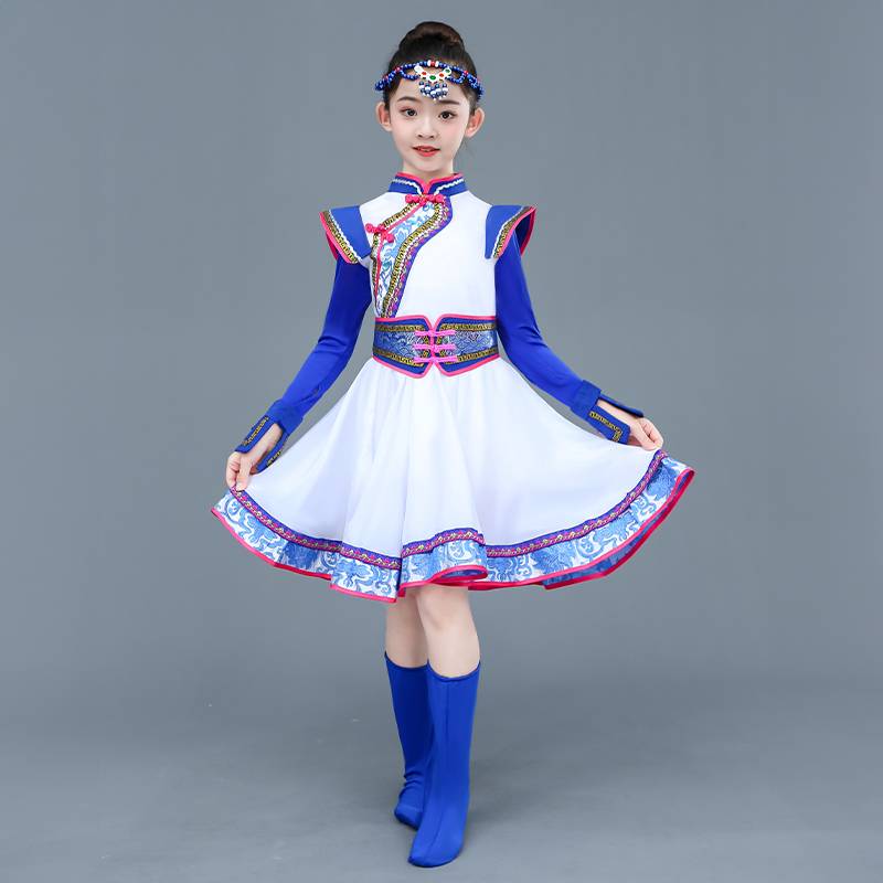 Children's Mongolian dance grassland little steed dance clothing girl white auspicious Mongolian service chopsticks dance white horse dance