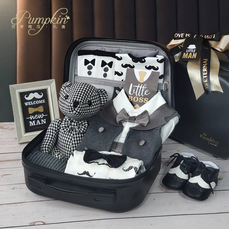 Baby high -end gift box little gentleman black gold dress set pure cotton full moon hundred days male baby birthday gift gift