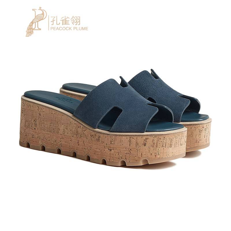 HERMES/Hermes Women's Shoes New Product Super Light Crystal thick suede Skills sheep leather sloped sandals