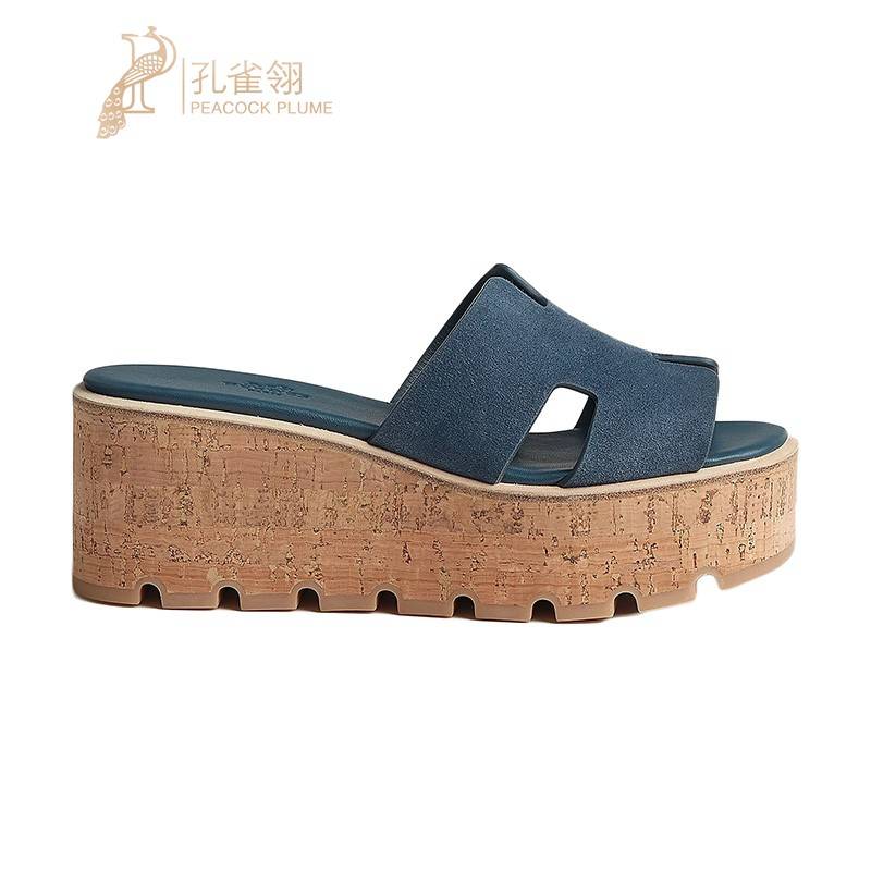 HERMES/Hermes Women's Shoes New Product Super Light Crystal thick suede Skills sheep leather sloped sandals