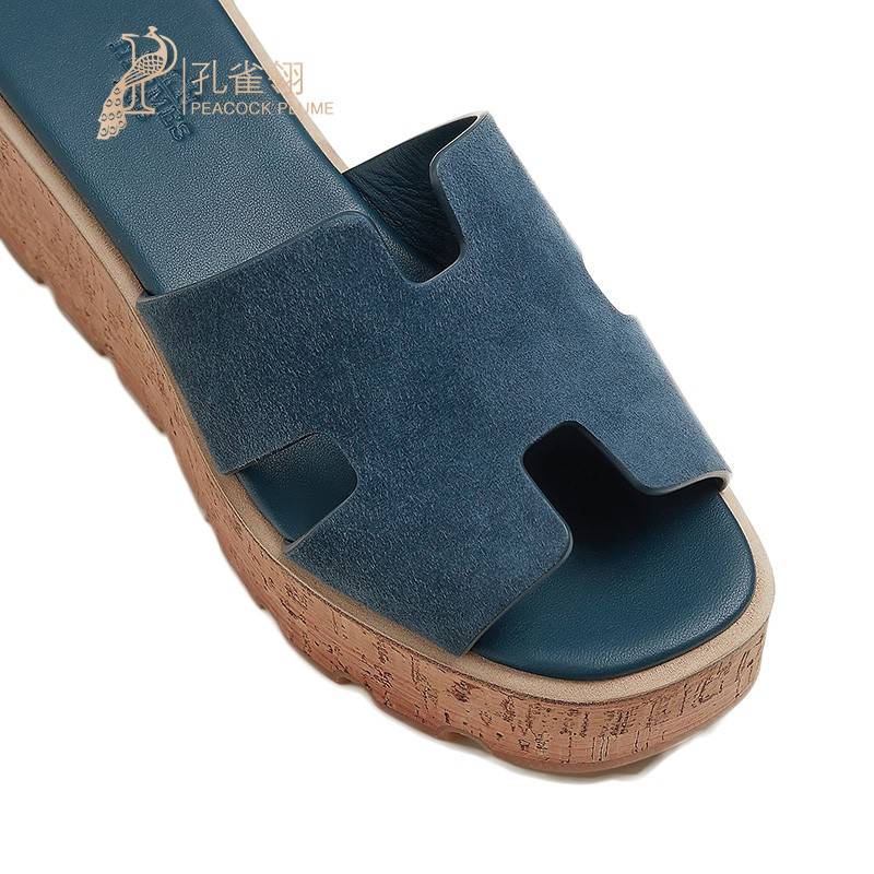 HERMES/Hermes Women's Shoes New Product Super Light Crystal thick suede Skills sheep leather sloped sandals
