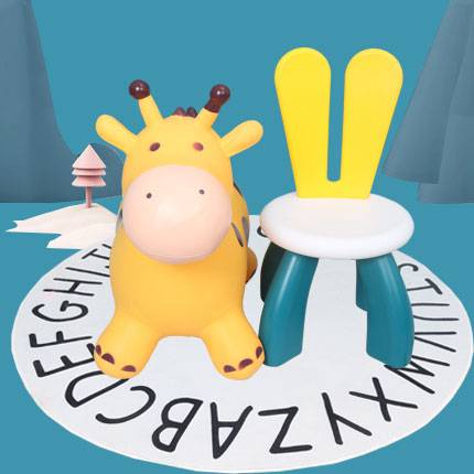 A thick yellow moose and a thick rabbit green chair