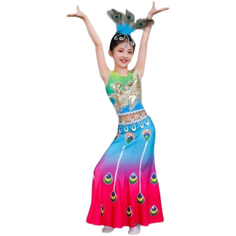 New Dai Children Performing Short -sleeved Art Test Fish Tail Skirt Bags Girls Liuyi Yunnan National Peacock Dance