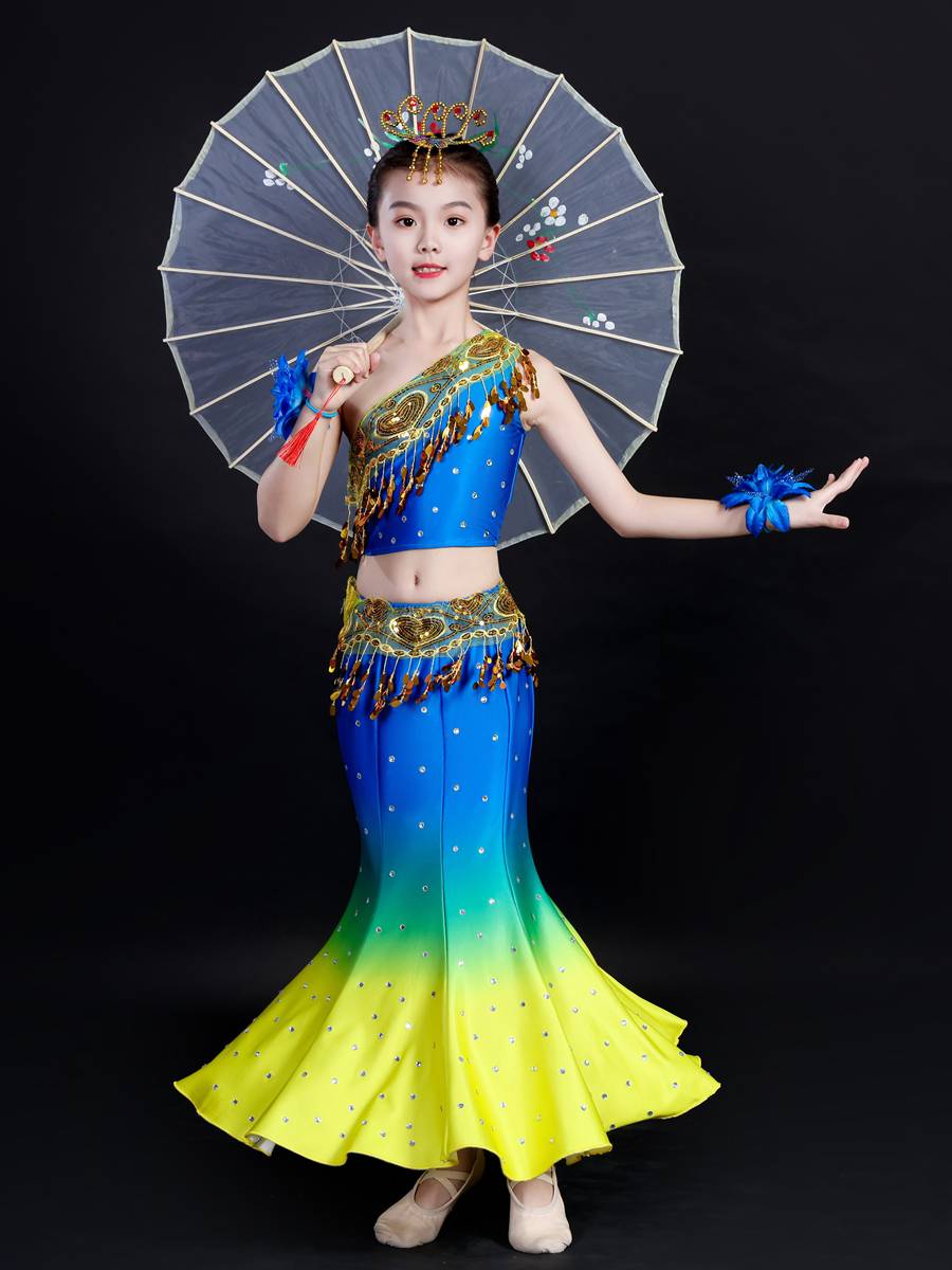 Children's Dai Dance Performance Server Bags Gradient Fish Tail Practice Skirt Girls Children's Peacock Dance Performance Service Nation