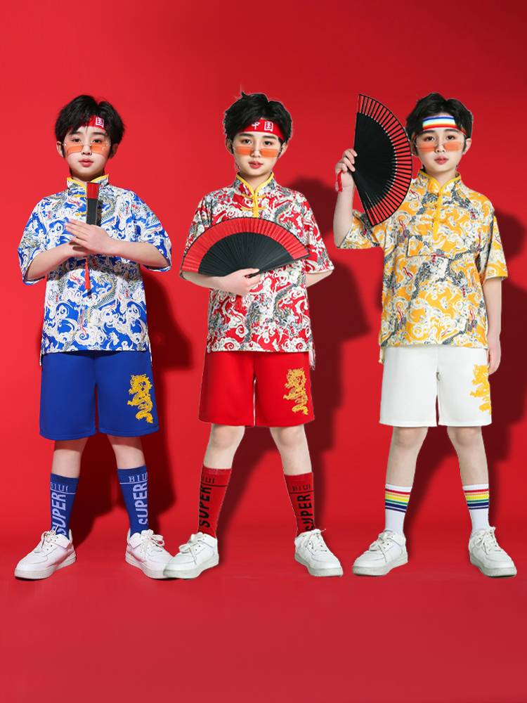 Chinese style children's performance service Guo Chao girl hip -hop jazz dance model catwalk show leaks navel fan tide suit