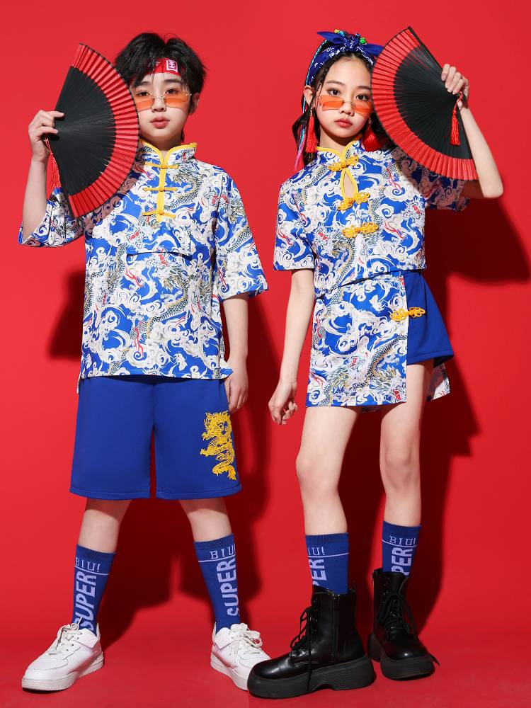 Chinese style children's performance service Guo Chao girl hip -hop jazz dance model catwalk show leaks navel fan tide suit