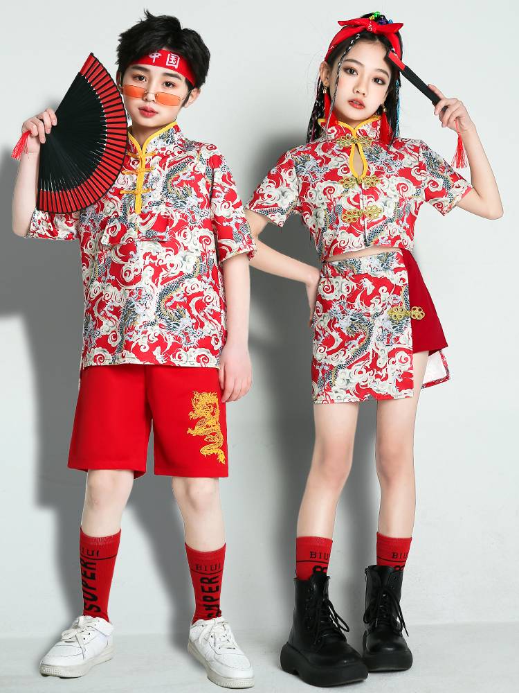 Chinese style children's performance service Guo Chao girl hip -hop jazz dance model catwalk show leaks navel fan tide suit