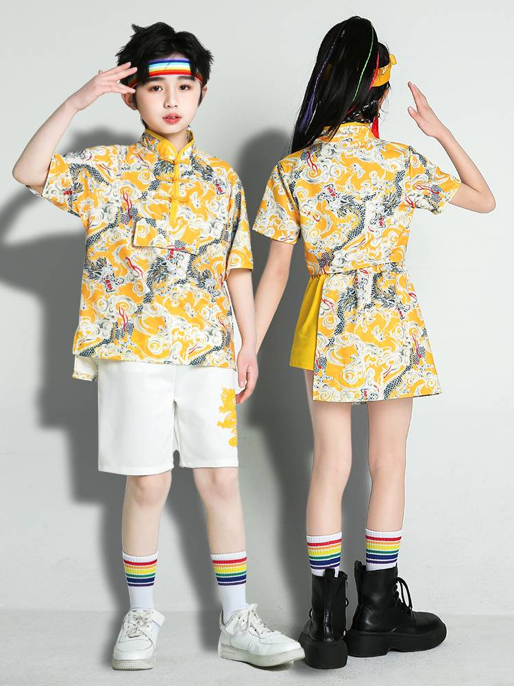 Chinese style children's performance service Guo Chao girl hip -hop jazz dance model catwalk show leaks navel fan tide suit