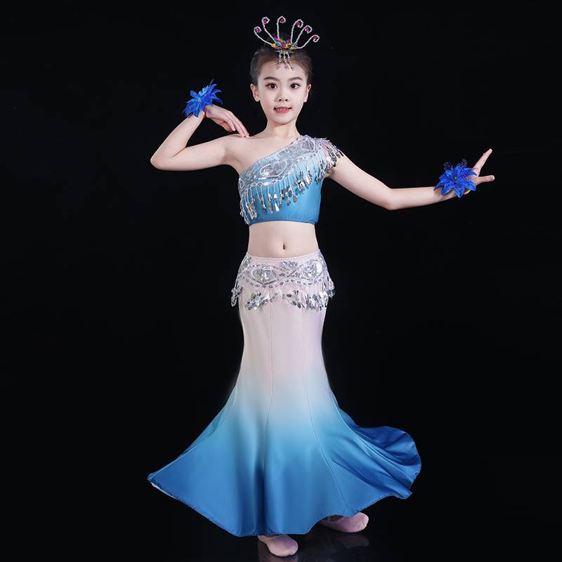 New Dai dance clothing children's slim hip fishtail skirt practice skirt girl peacock dance performance service nation