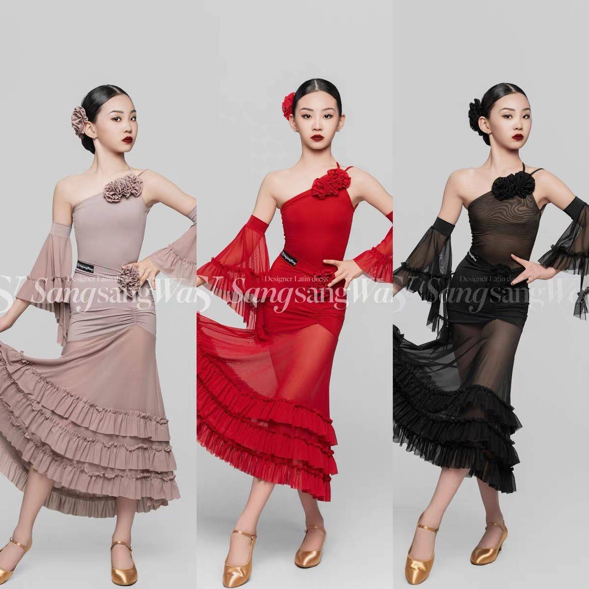 SSWANG dance service children Latin dance summer exquisite oblique shoulder flower suspenders, modern dance cake skirt, skirt flower practice service