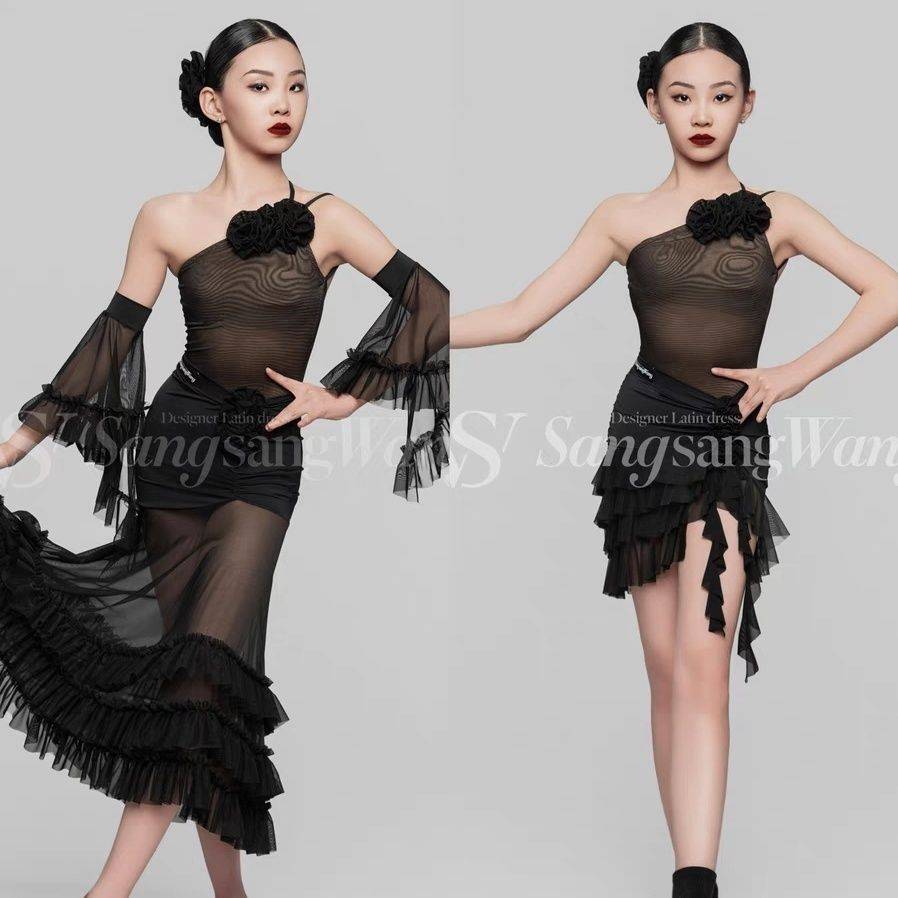 SSWANG dance service children Latin dance summer exquisite oblique shoulder flower suspenders, modern dance cake skirt, skirt flower practice service