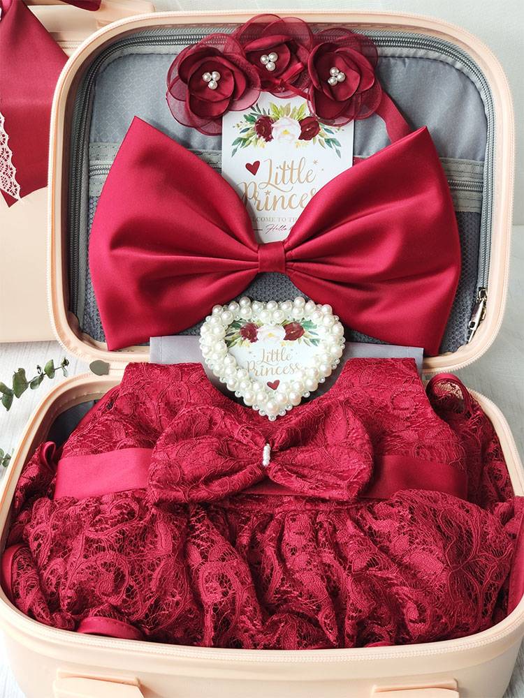 Baby festive red dresses, skirts, children, baby princess lace rose gift box, birthday banquet gift