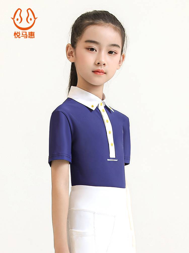 Yue Ma Huxu T -shirt children's short -sleeved horse riding dress summer fast dry clothing lapel top girl equestrian equipment