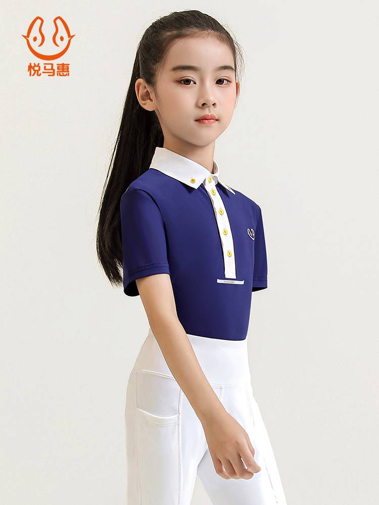 Yue Ma Huxu T -shirt children's short -sleeved horse riding dress summer fast dry clothing lapel top girl equestrian equipment