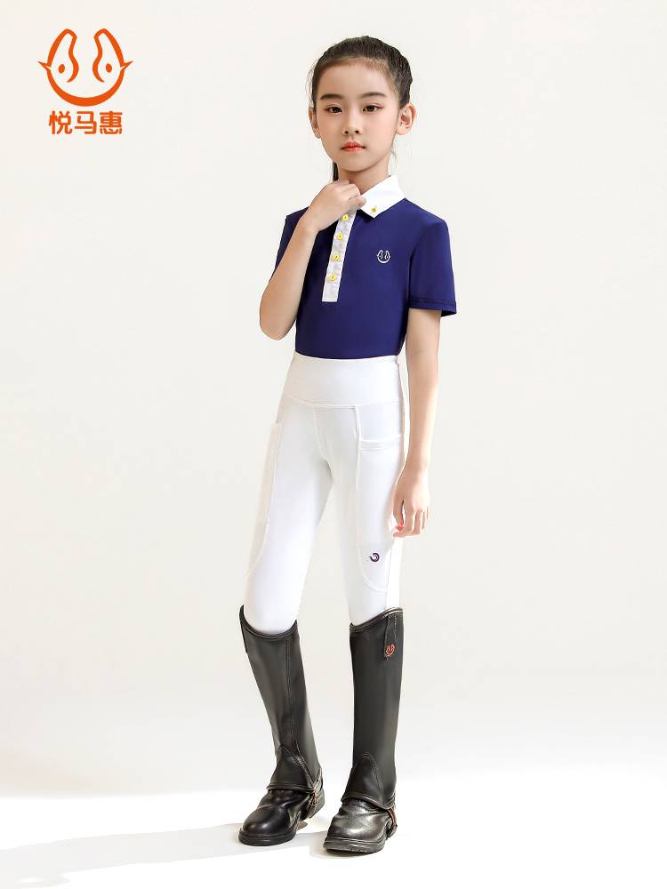 Yue Ma Huxu T -shirt children's short -sleeved horse riding dress summer fast dry clothing lapel top girl equestrian equipment