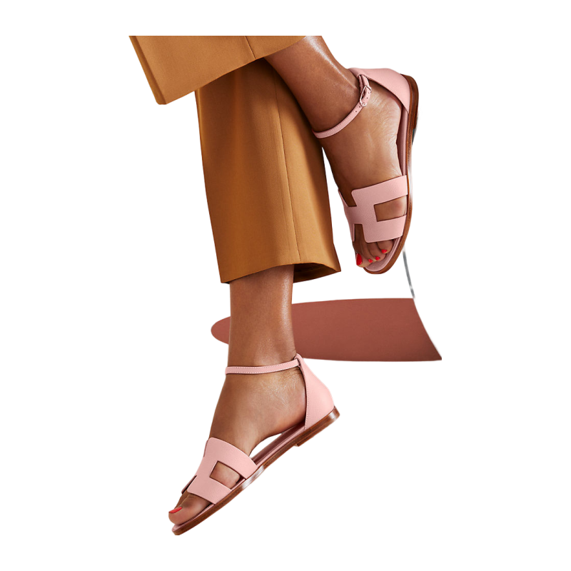 Hermes/Hermes Women's Shoes Pink calfskin nude h -shaped shoe code low heel sand slippers