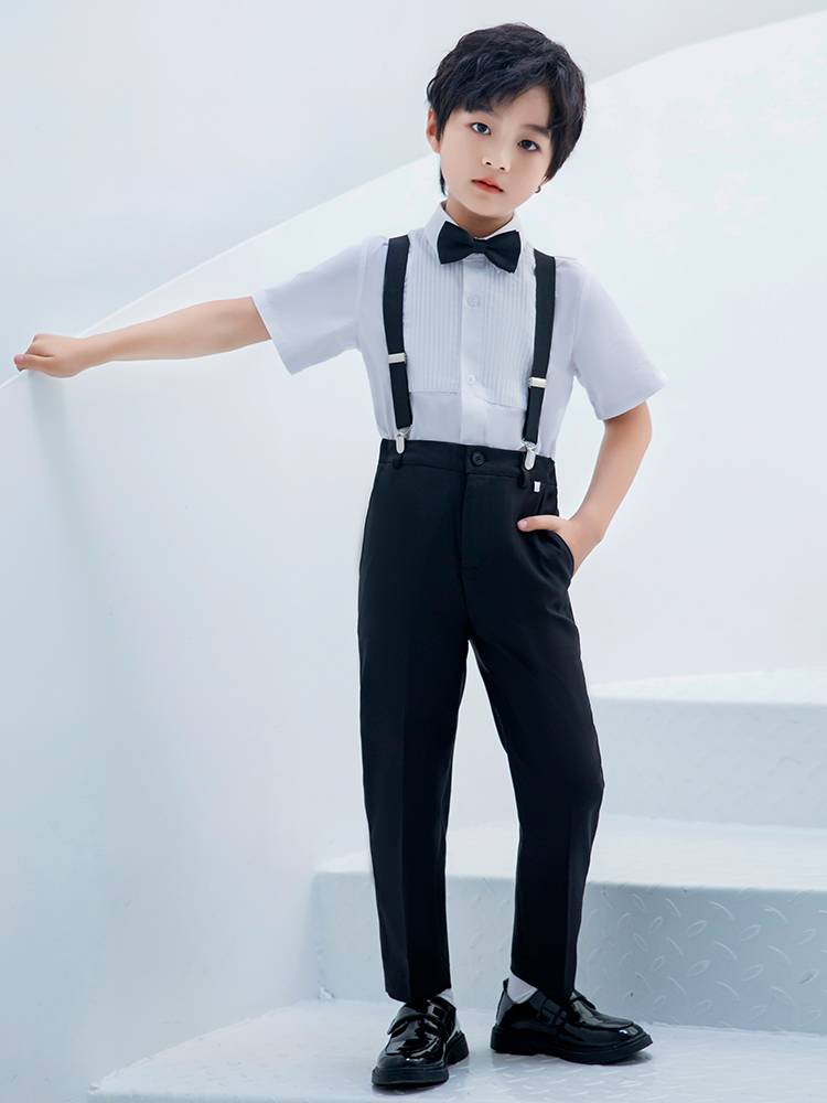 Boys white shirt set black strap pants, girl chorus recitation performance, hosted performance dress summer