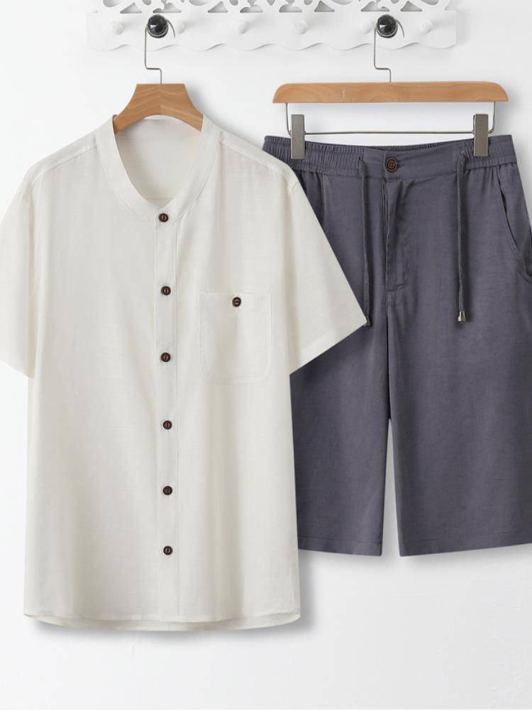 Jordan adapt to summer middle-aged suit men's ice silk short-sleeved middle-aged and old father linen summer 40-50 years old