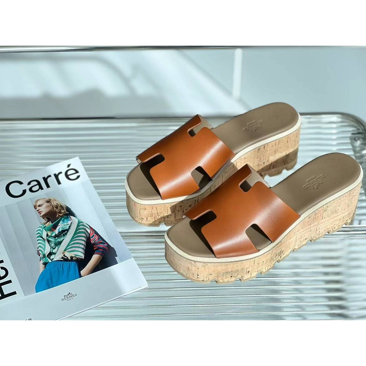 The new Hermes H thick bottom slope and the women's summer sandals, toll the high slippers 7cm flat heel