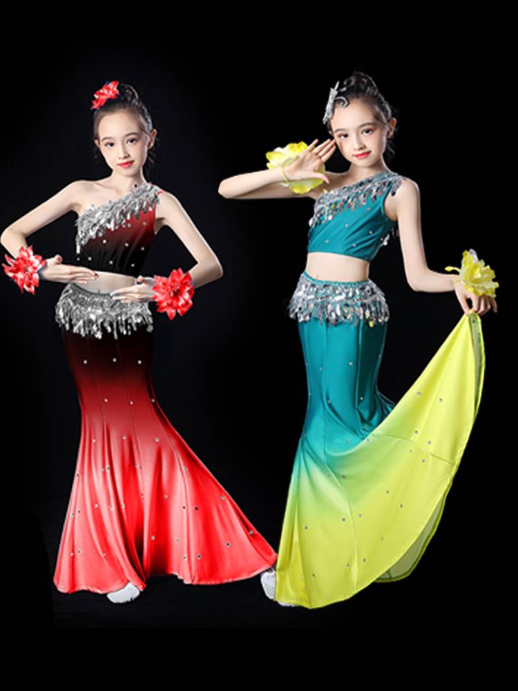 Dai dance children performance service girl peacock dance bag hip repair, art test national performance clothing fishtail skirt clothing