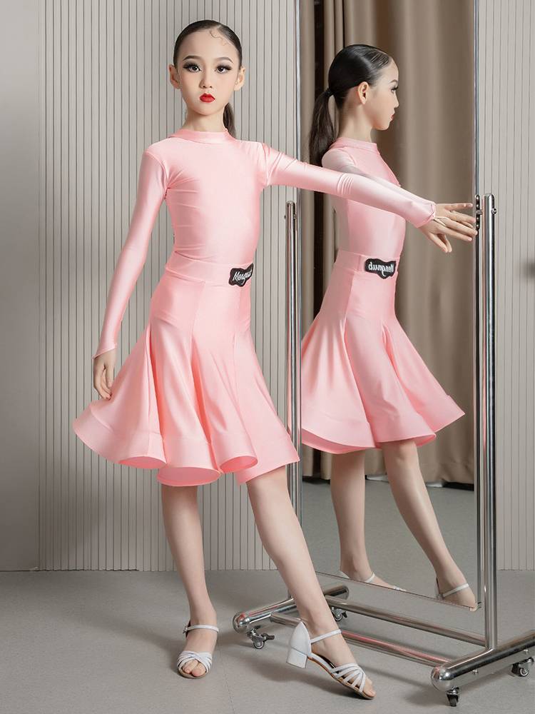 Children's Latin dance clothing high -necked summer long -sleeved ultra -thin velvet dance practice girl test competition regulations