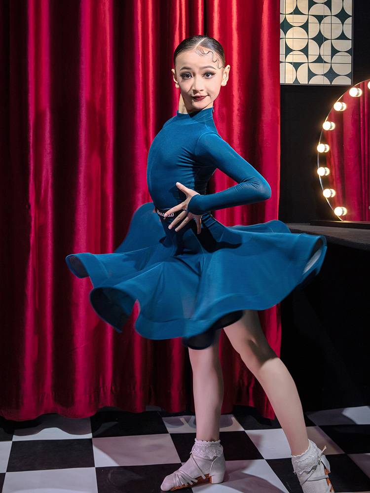 Children's Latin dance clothing high -necked summer long -sleeved ultra -thin velvet dance practice girl test competition regulations