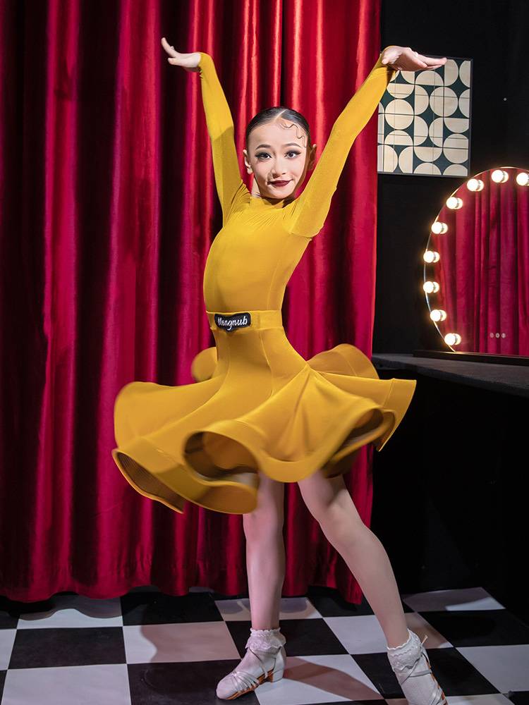 Children's Latin dance clothing high -necked summer long -sleeved ultra -thin velvet dance practice girl test competition regulations