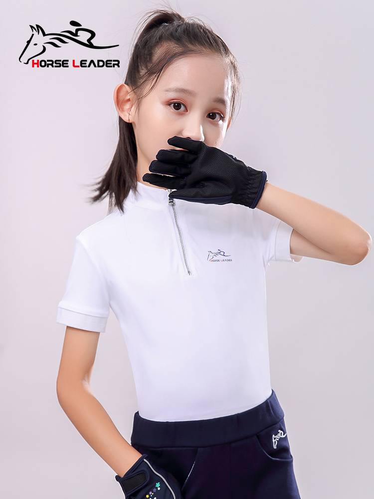Summer children's equestrian equipment short -sleeved T -shirt fast drying pneumatic horse farms ride up and stands lead girl equestrian clothing