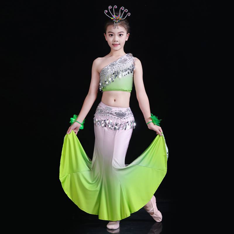 New children's Dai dance performance clothing slim hip fishtail skirt girl Dai peacock dance national practice skirt