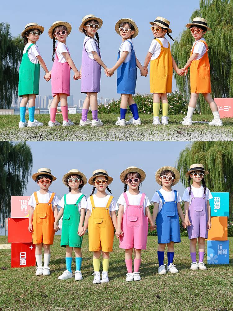 Children La La team candy color strap pants graduation photos short -sleeved little yellow people color camisole jumper jumping sugar performance service