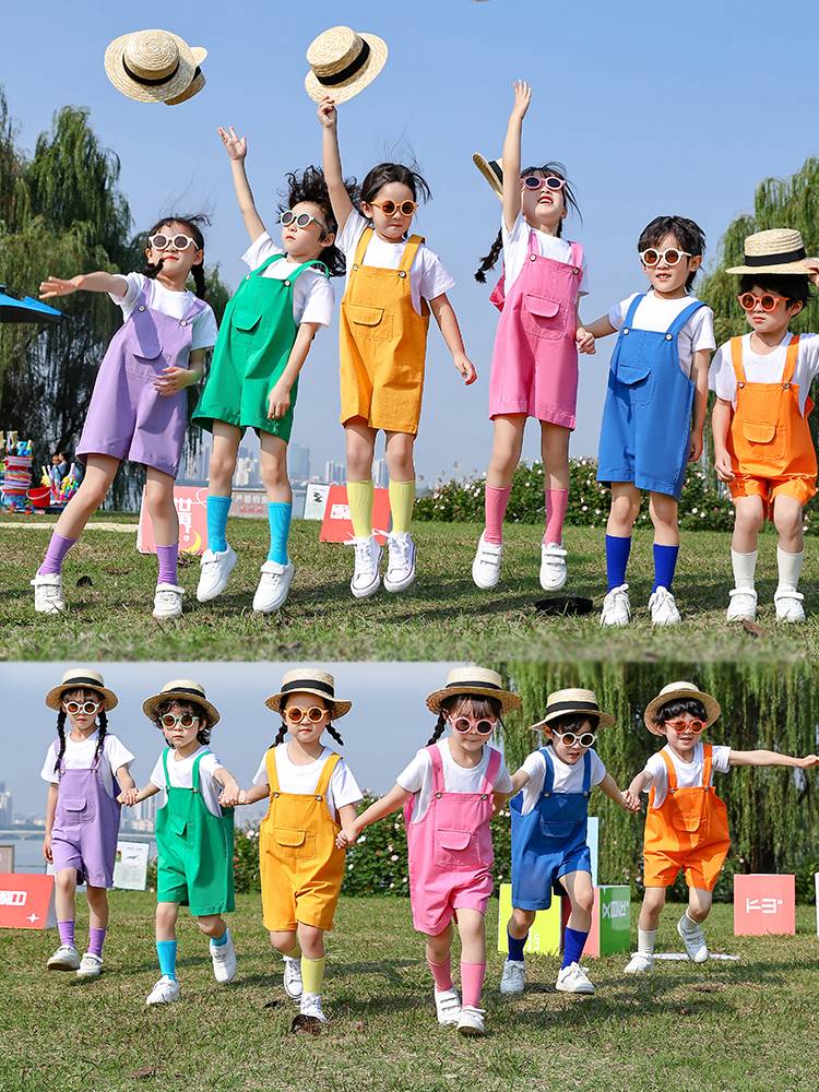 Children La La team candy color strap pants graduation photos short -sleeved little yellow people color camisole jumper jumping sugar performance service