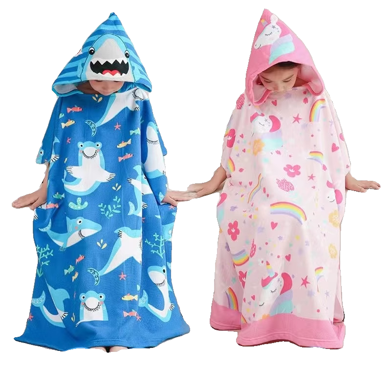 Summer children's bath towel with hat cloak, cute cartoon male girl swimming wearable large bath towel fast dry