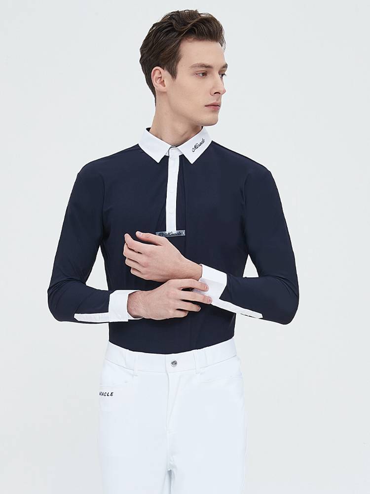 Men's Equestrian sleeve T -shirt riding horses, top test competition white lapel equestrian cloth