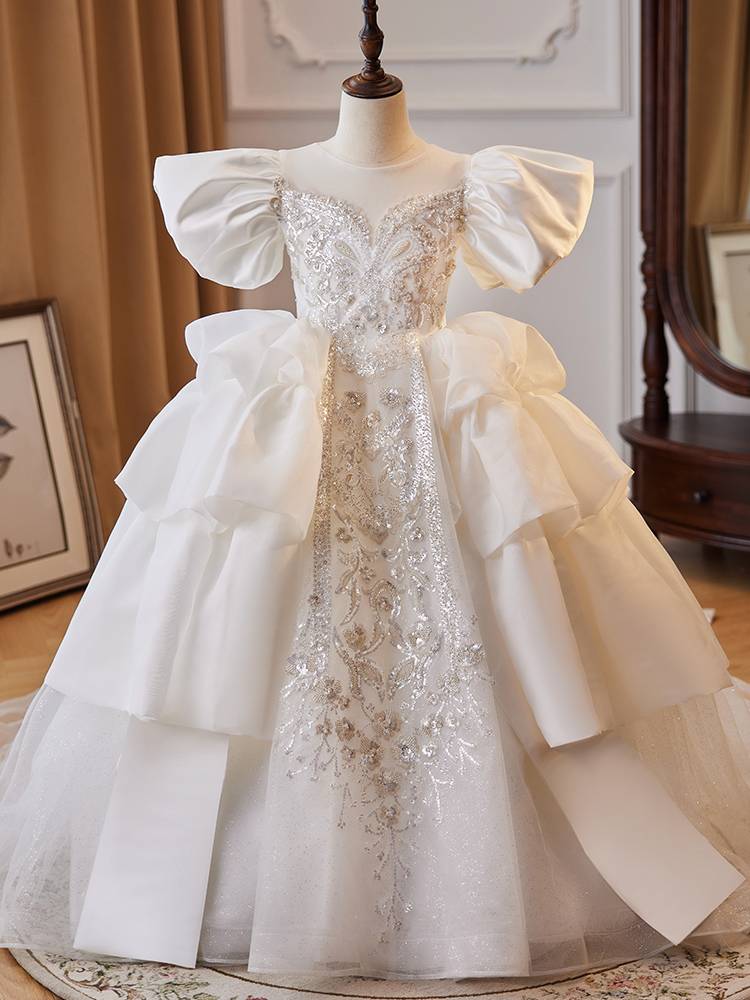 Girl host dress High -end children's wedding puffed flower girl wedding little girl piano performance show summer
