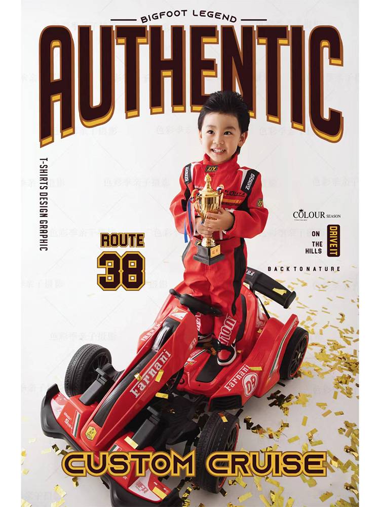 Children's photography, clothing racing theme, male and female children's Kart car photographs, photo props walk show art photo photos