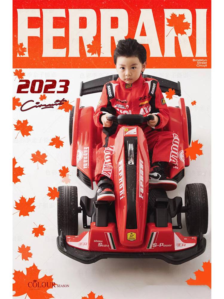 Children's photography, clothing racing theme, male and female children's Kart car photographs, photo props walk show art photo photos