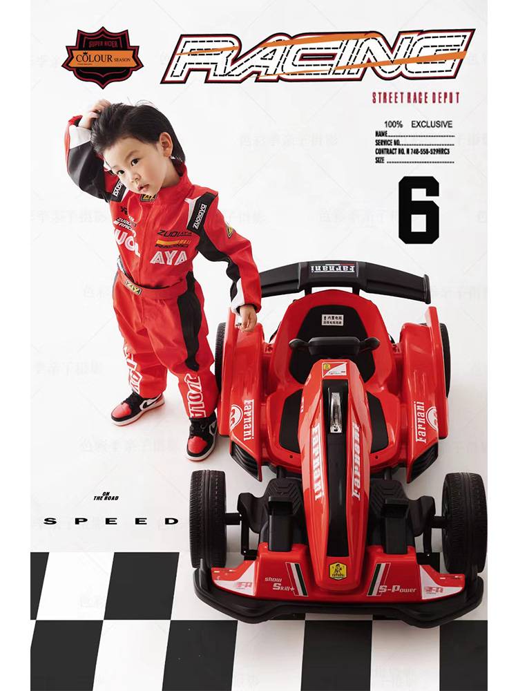 Children's photography, clothing racing theme, male and female children's Kart car photographs, photo props walk show art photo photos