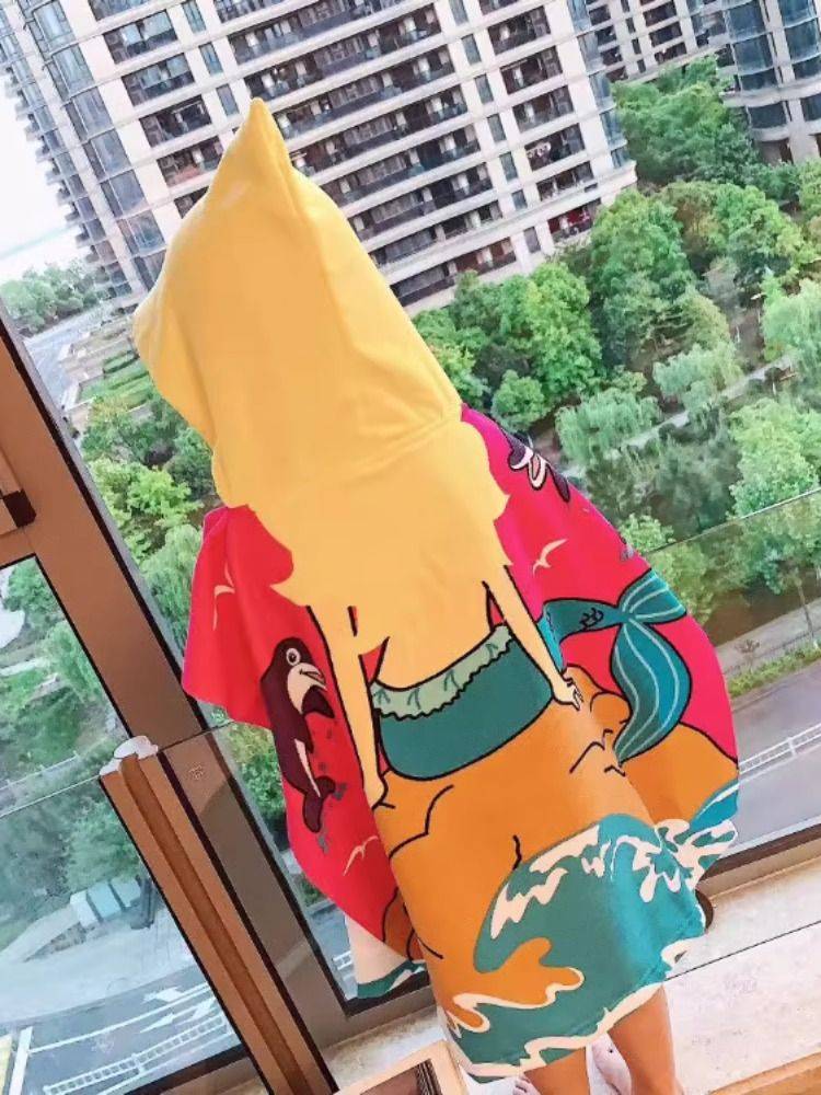 Children's swimming dry bath towel cape, bathrobe with hat, girl, water absorption, fast dry beach towel hot spring bath towel