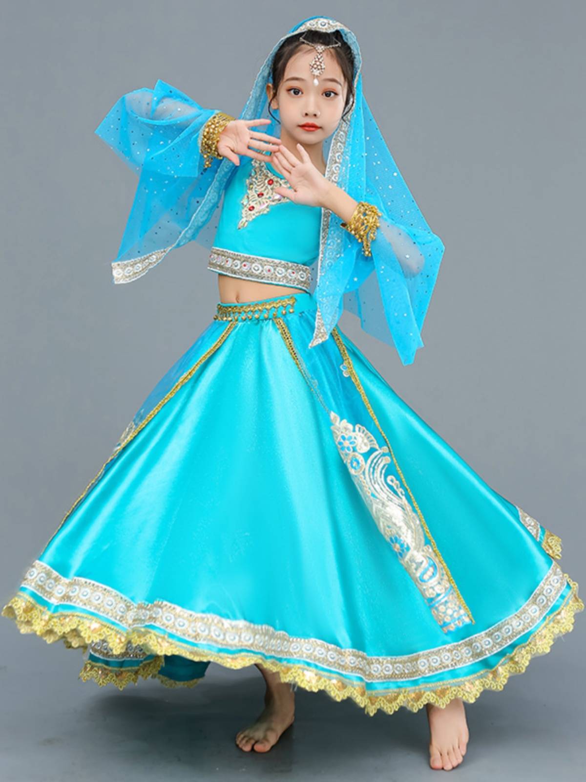 Exotic style Indian dancer dancer Children's dance clothing gauze embroidered top skirt big skirt lengha suit girl