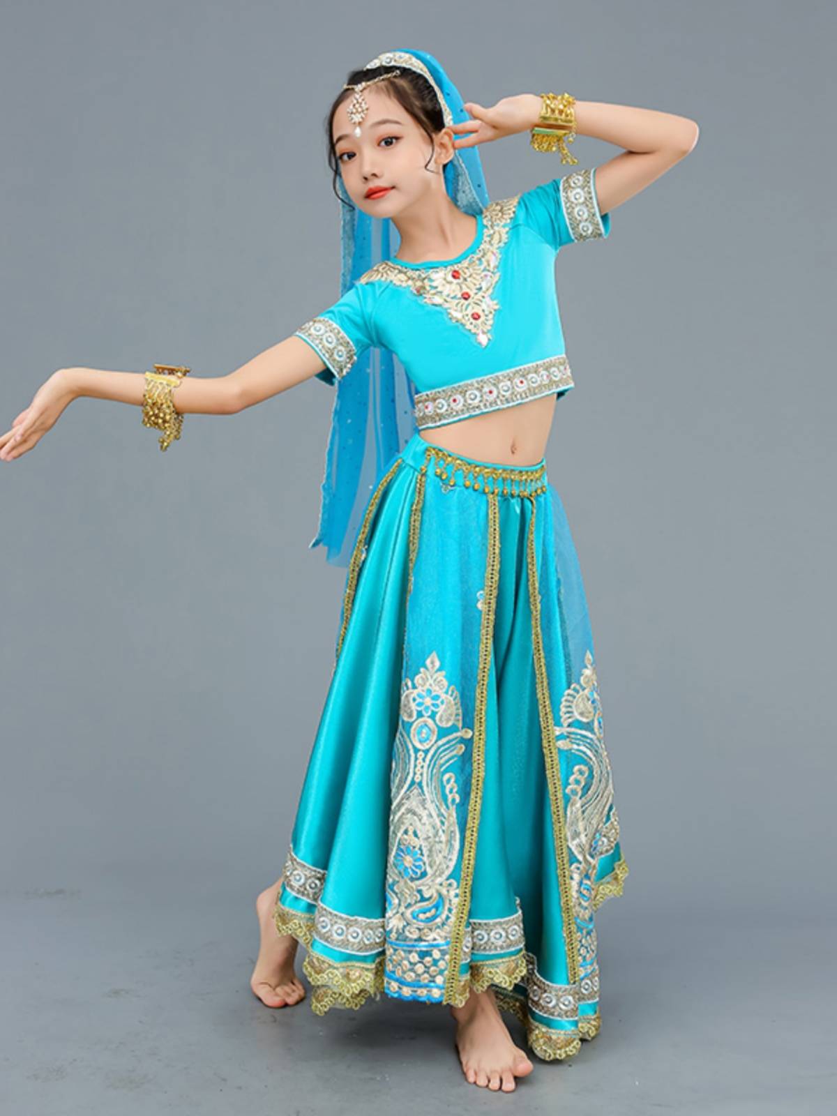 Exotic style Indian dancer dancer Children's dance clothing gauze embroidered top skirt big skirt lengha suit girl