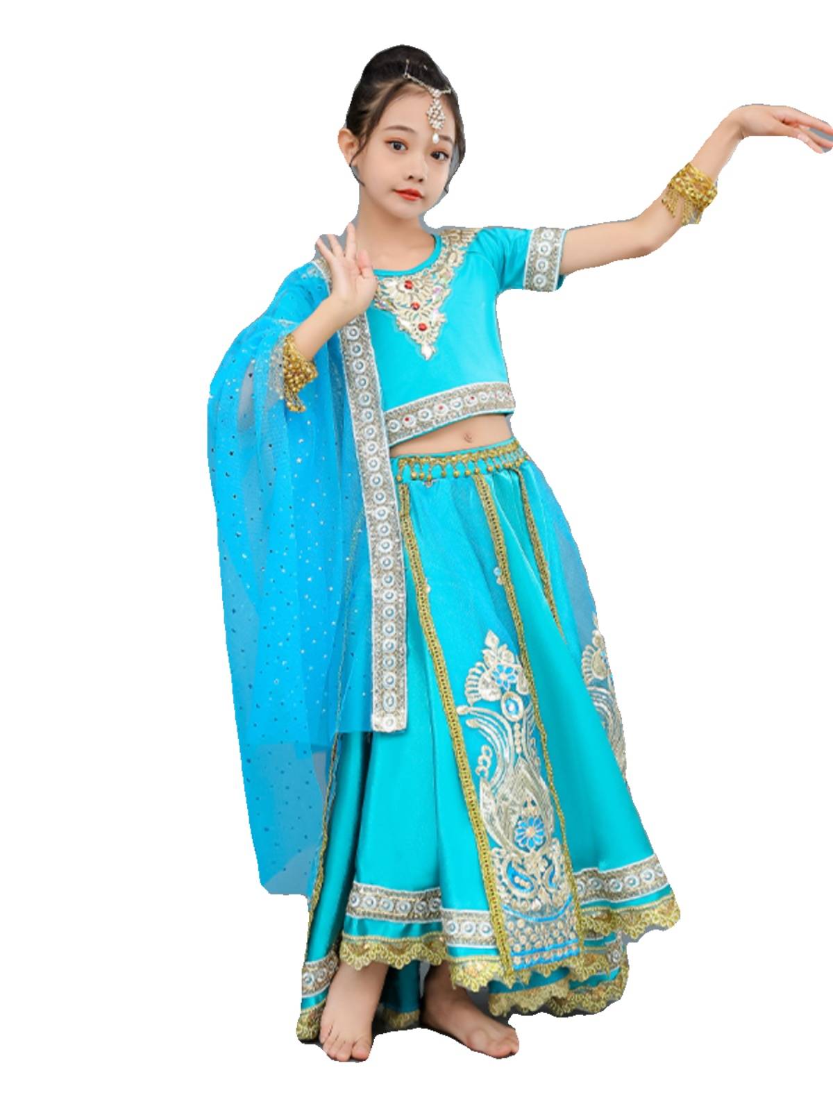 Exotic style Indian dancer dancer Children's dance clothing gauze embroidered top skirt big skirt lengha suit girl