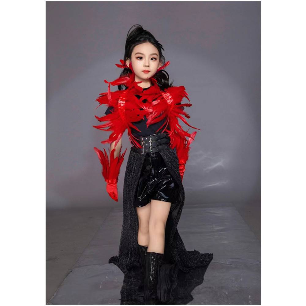 Girls' Walking Tide suit Set Dragon Feather River Washing Motor Dress Cool Handsome Leather Pants Macaron Model runway