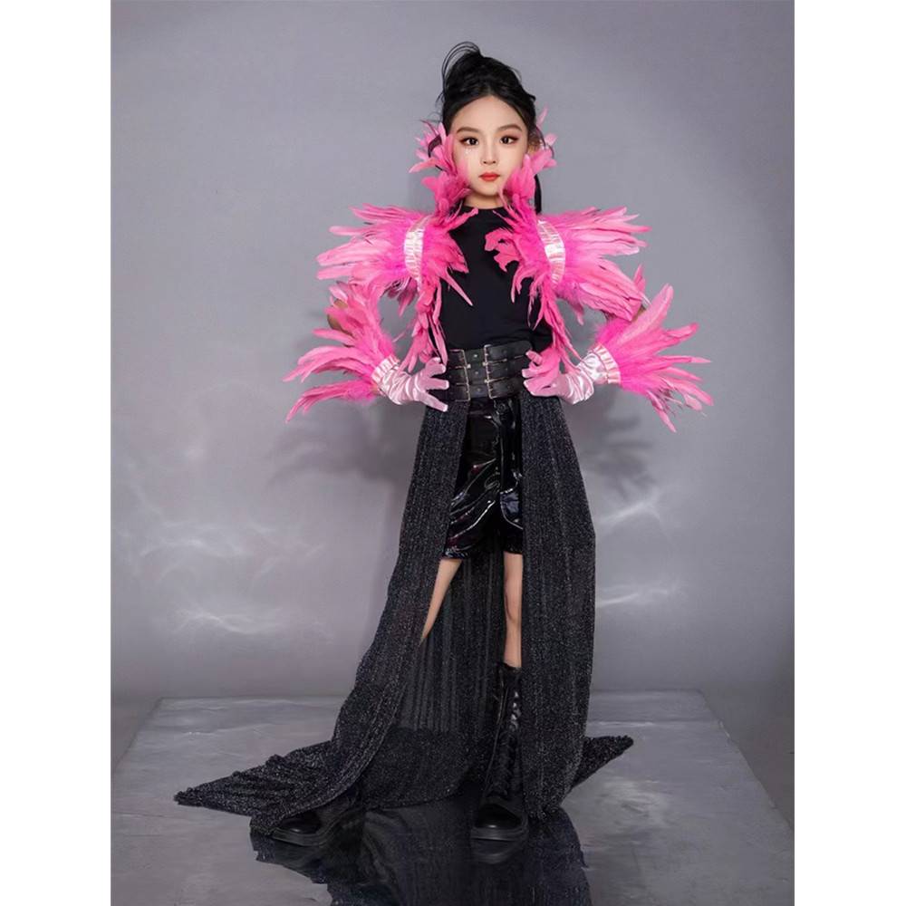 Girls' Walking Tide suit Set Dragon Feather River Washing Motor Dress Cool Handsome Leather Pants Macaron Model runway