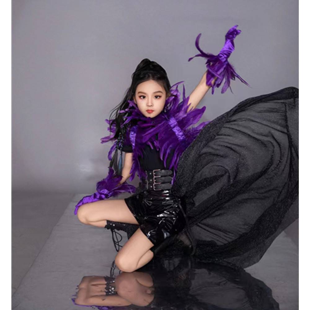 Girls' Walking Tide suit Set Dragon Feather River Washing Motor Dress Cool Handsome Leather Pants Macaron Model runway