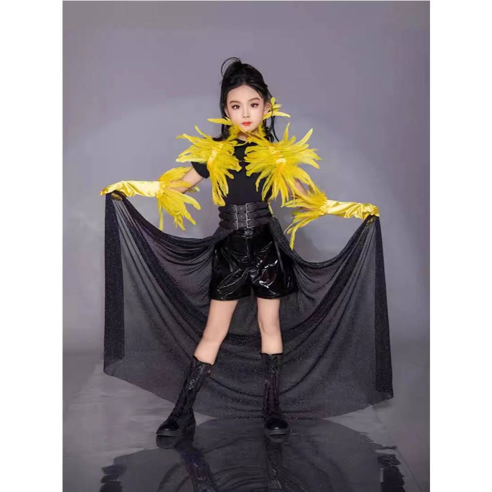 Girls' Walking Tide suit Set Dragon Feather River Washing Motor Dress Cool Handsome Leather Pants Macaron Model runway