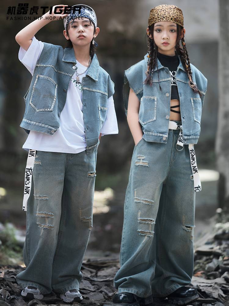 Children's hip -hop summer hip -hop service boys denim performance service girl walk show hiphop street dance children's clothing