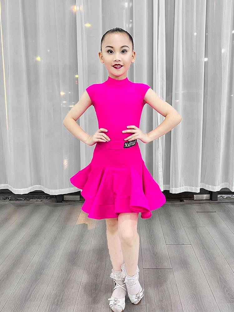 XINW Latin Dance Children's Performance Service High -end Competition Standard Dance Summer New Big Skirt Girl Short Sleeve